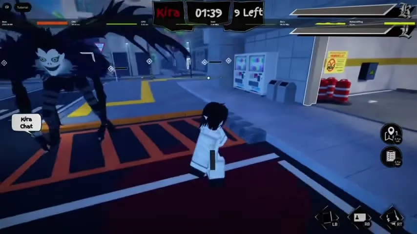 A player's view with the Death Note open mid-round, a handwritten name visible on the notebook page while another character stands nearby