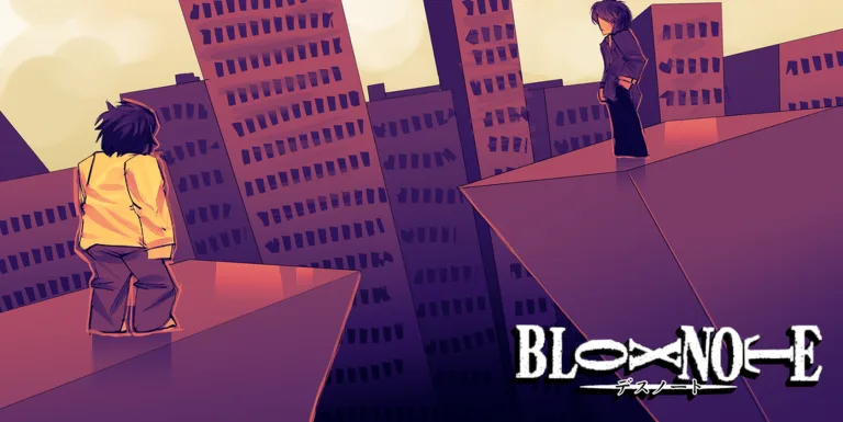 Two anime-style figures face each other across a purple-maroon rooftop cityscape at dusk; a pale-yellow-hooded figure looks up from below while a dark-clad figure stands above, with the BloxNote title in white gothic lettering