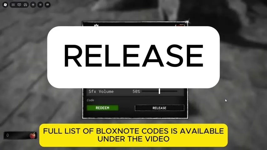 The BloxNote settings menu open mid-round, showing volume sliders and a Code entry field with a REDEEM button at the bottom